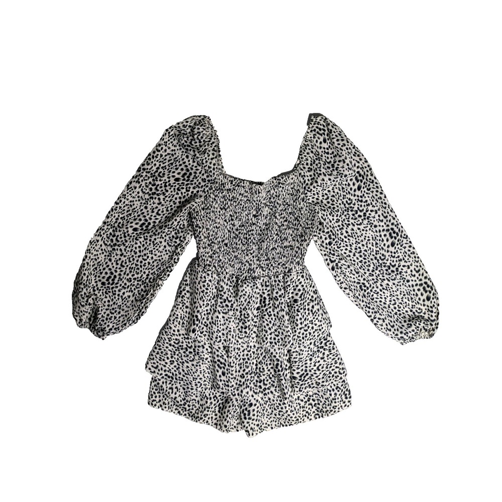Simplee Black White Spot Smocked Puff Sleeve Mini Dress XS